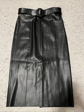 Suzy Shier Black Faux Leather Pencil Skirt with Belted Waist